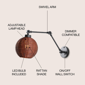 Lyla 22" 1-Light Mid-Century Vintage Rattan Globe Swing Arm LED Sconce - JONATHAN Y